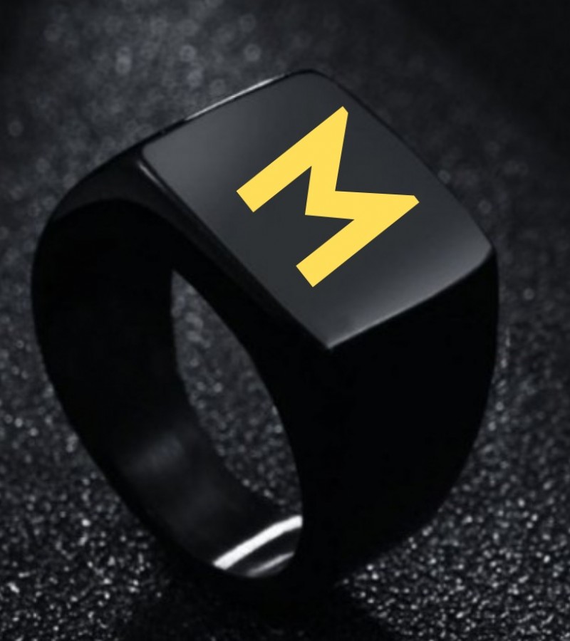 'M' Alphabet Black Titanium Ring for Boys -Metal 'M' Logo Ring For Men And Boys(Unisex) - Black Ring