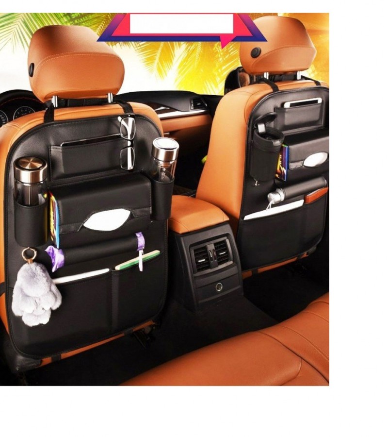1Pcs PU Leather Car Back Seat Organizer Storage Tissue Box Bottle Tablet and Holder Pockets - Black