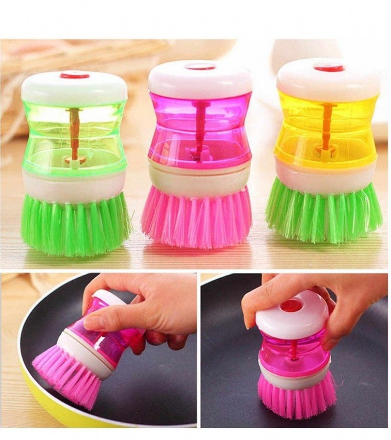Kitchen Wash Tool Pot Dish Plastic Brush With Washing Up Liquid Soap Dispenser - Multicolour