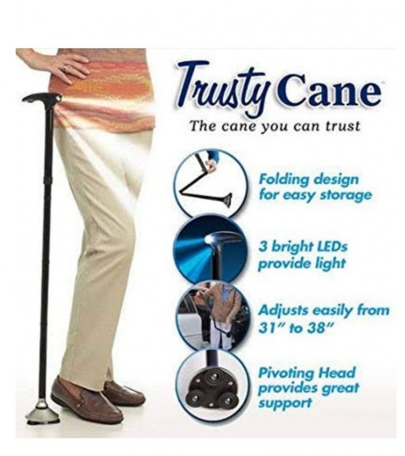 Trusty Cane - Sturdy Folding Walking Triple Head With Built in Lights