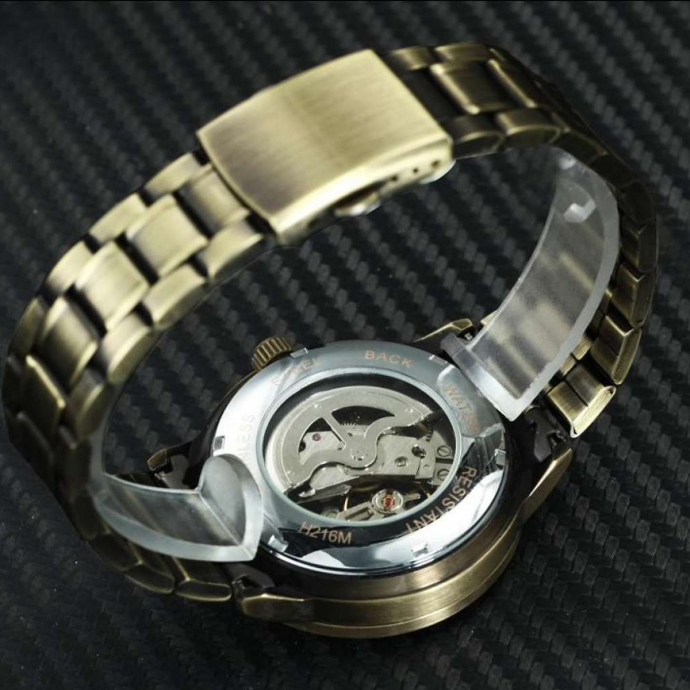 Military Watch Men Auto Mechanical Skeleton Dial Copper Stainless Steel Strap Mens Watches Top Brand