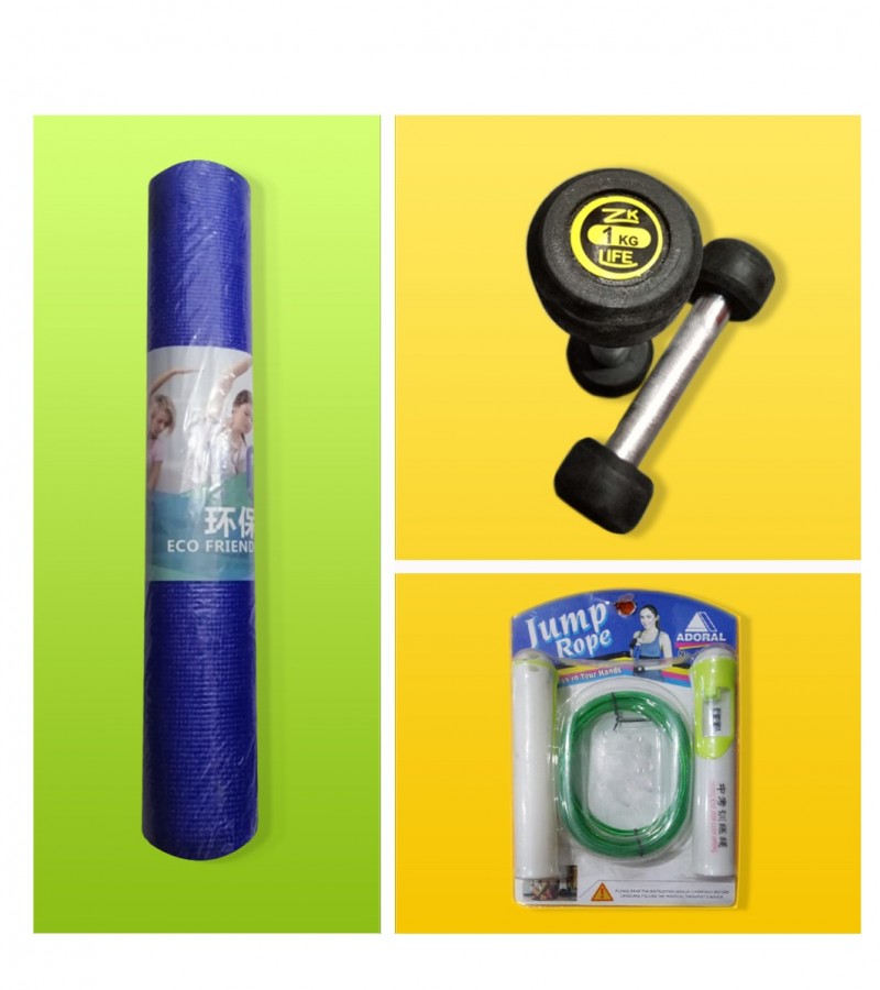 1kg Rubber Dumbbell Pair with Jumping rope & Yoga Mat