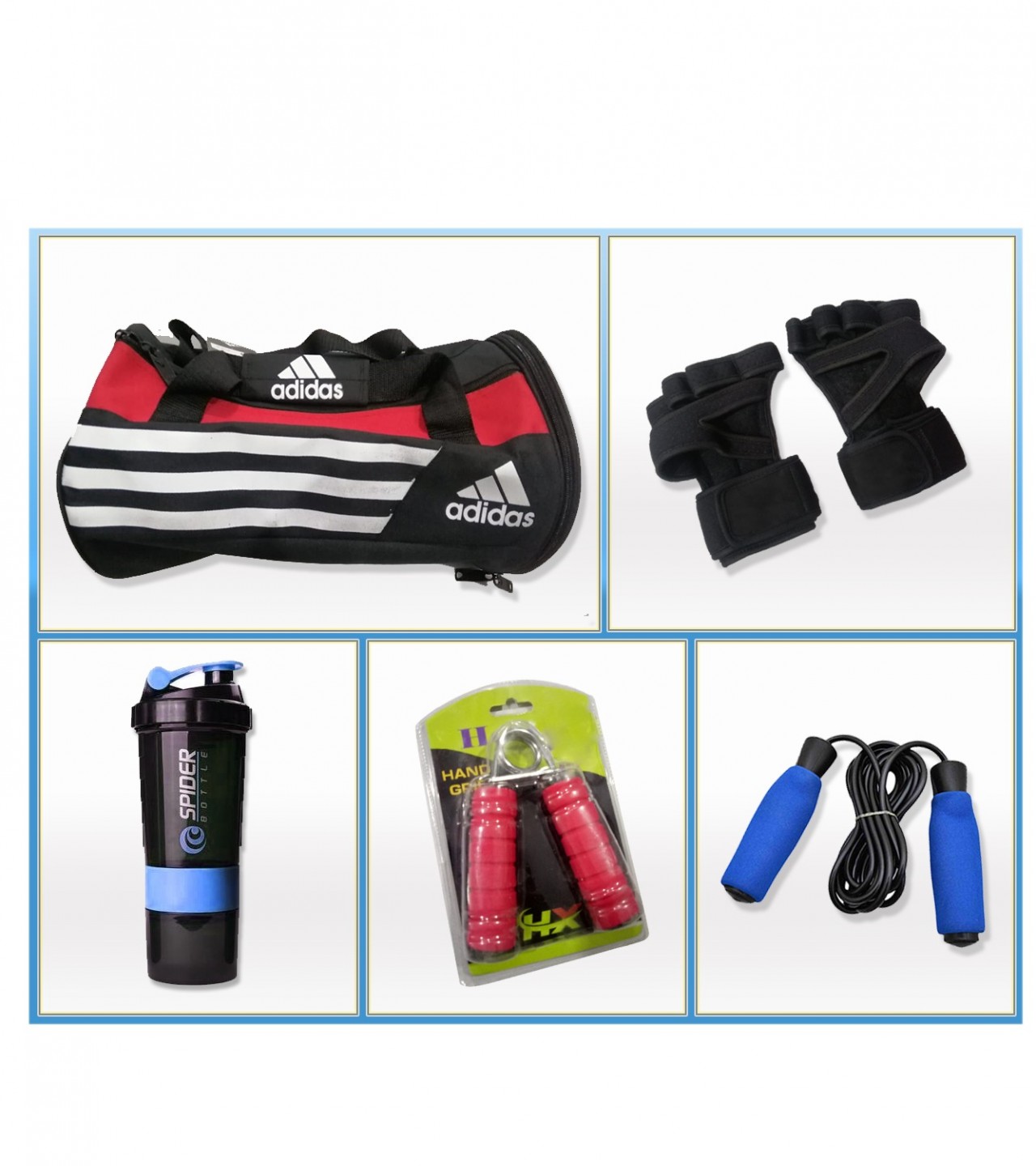 Gym Bag + Gym Gloves + Sports Shaker + Hand Grip +  Jumping Rope - Complete Fitness Set