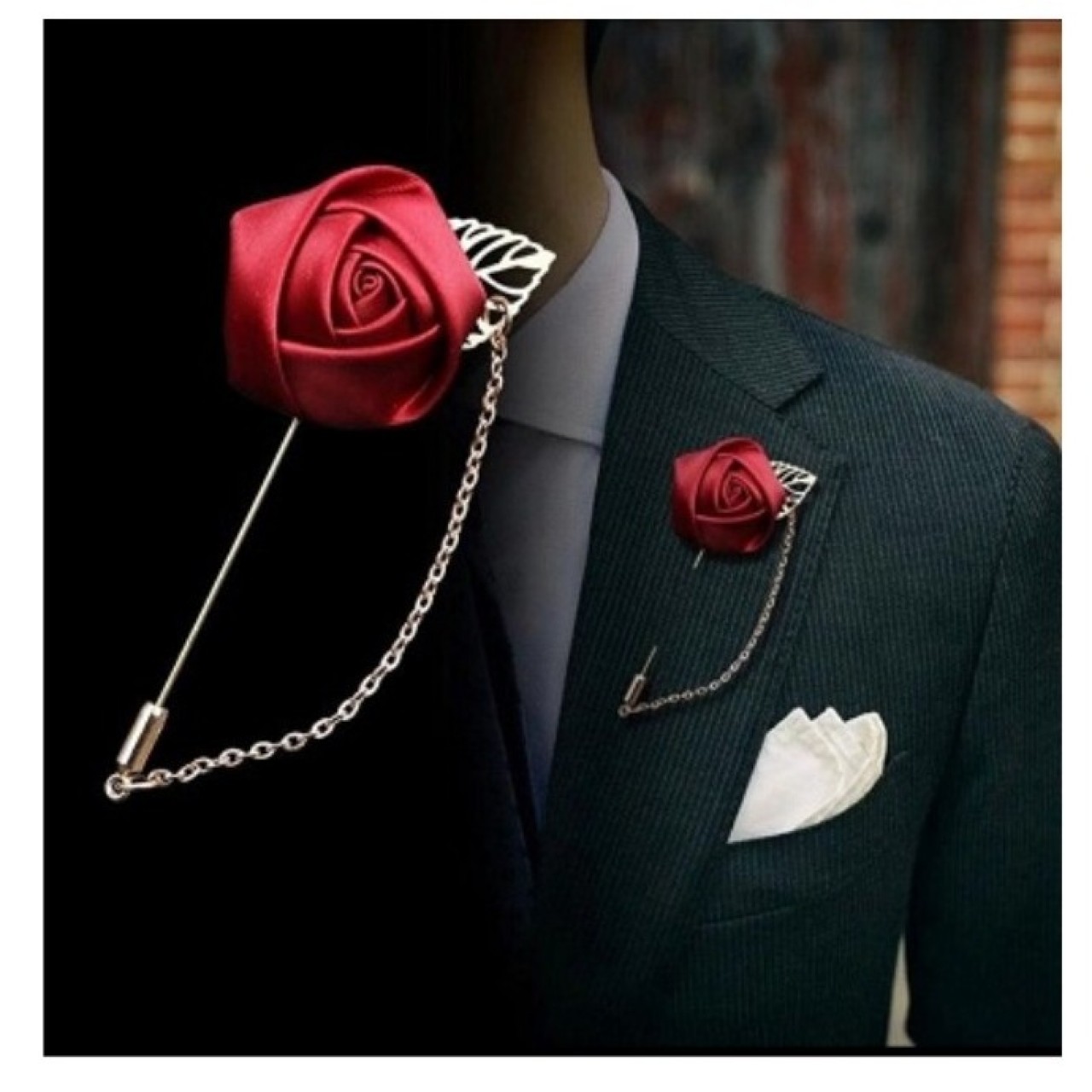 Fashion Male Suits Gold Leaves Roses Brooche Long Needle With Chain