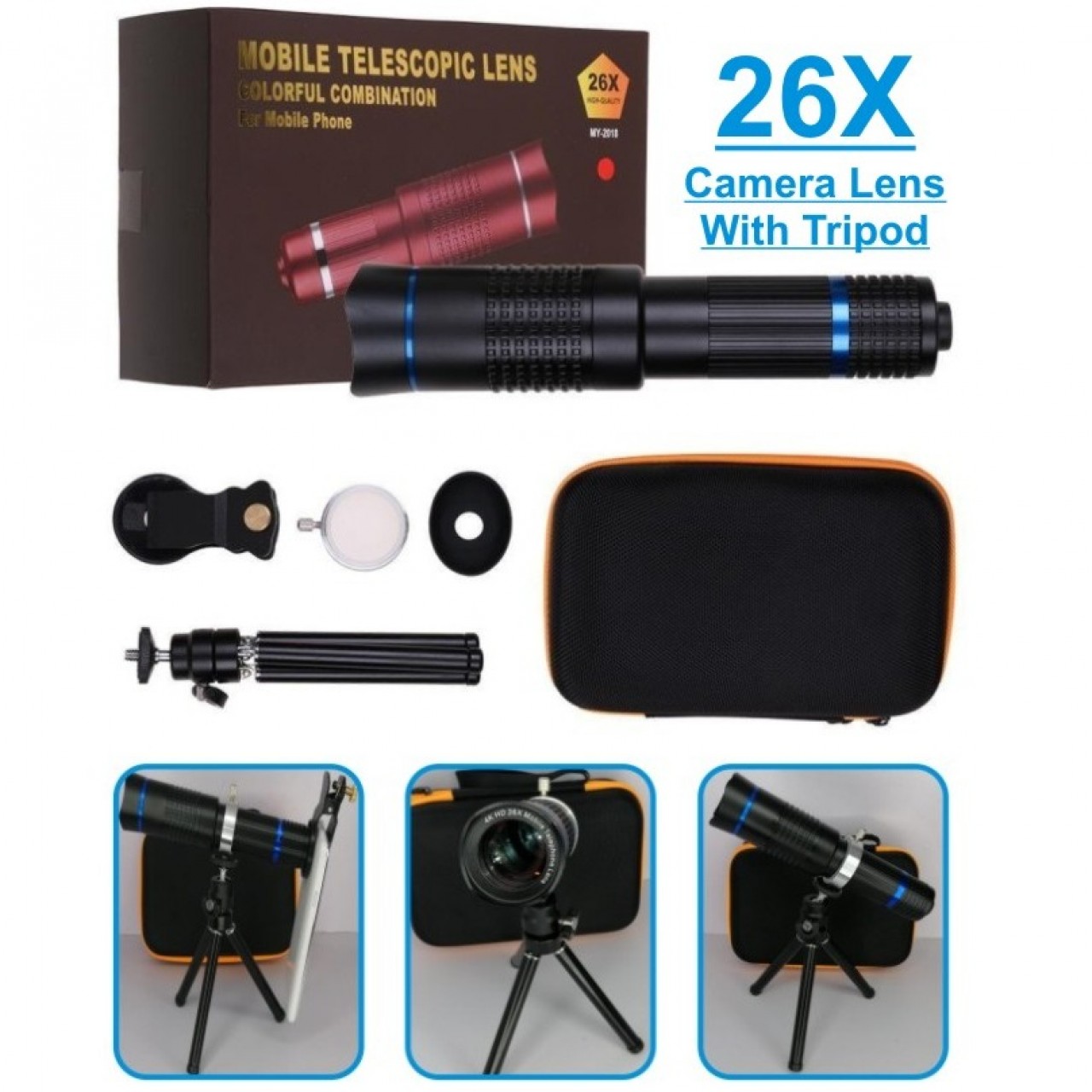 26X Telephoto Mobile Zoom Camera Lens With Tripod - Black