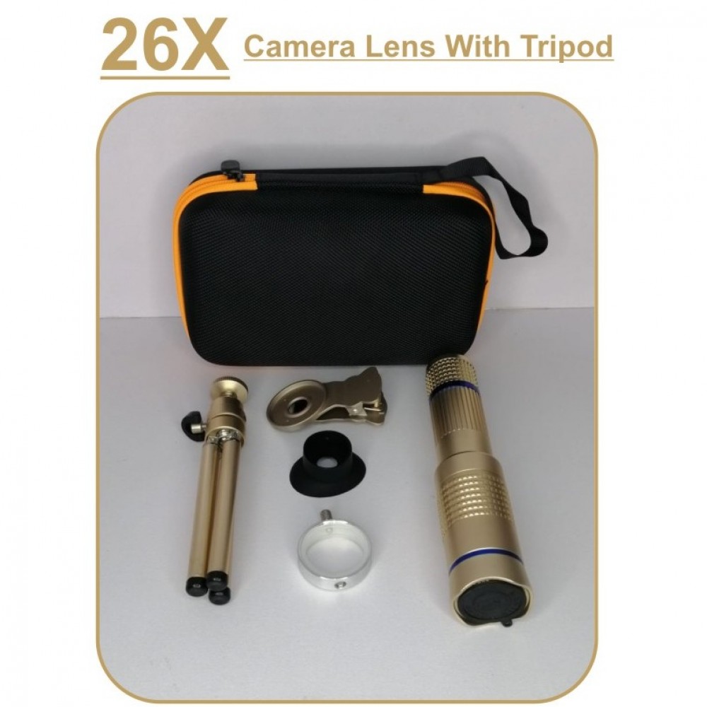 26X Telephoto Mobile Zoom Camera Lens With Tripod - Golden