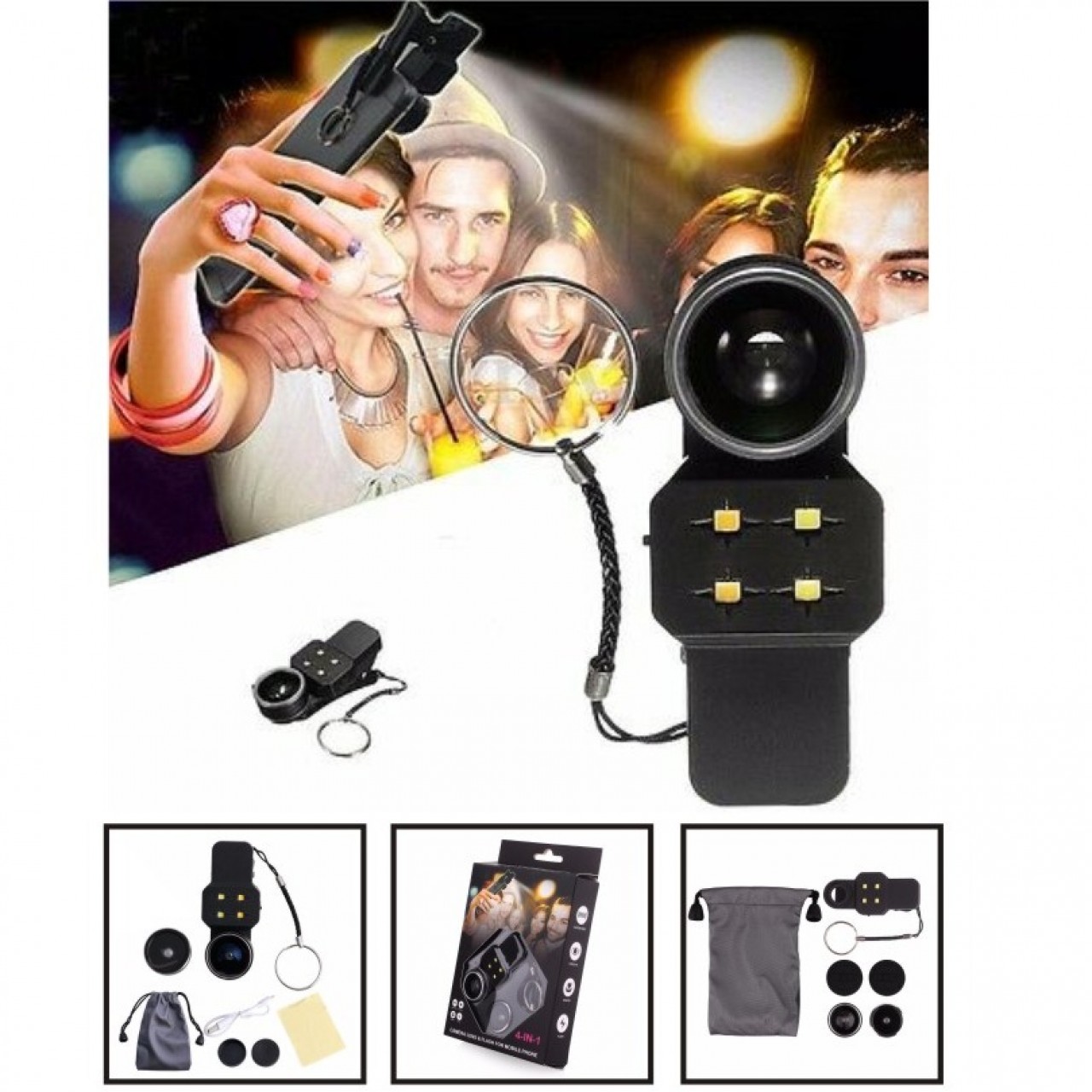 4 in 1 Fisheye Wide Angle Macro Lens Phone Soft Selfie LED Flash Fill Light - Black