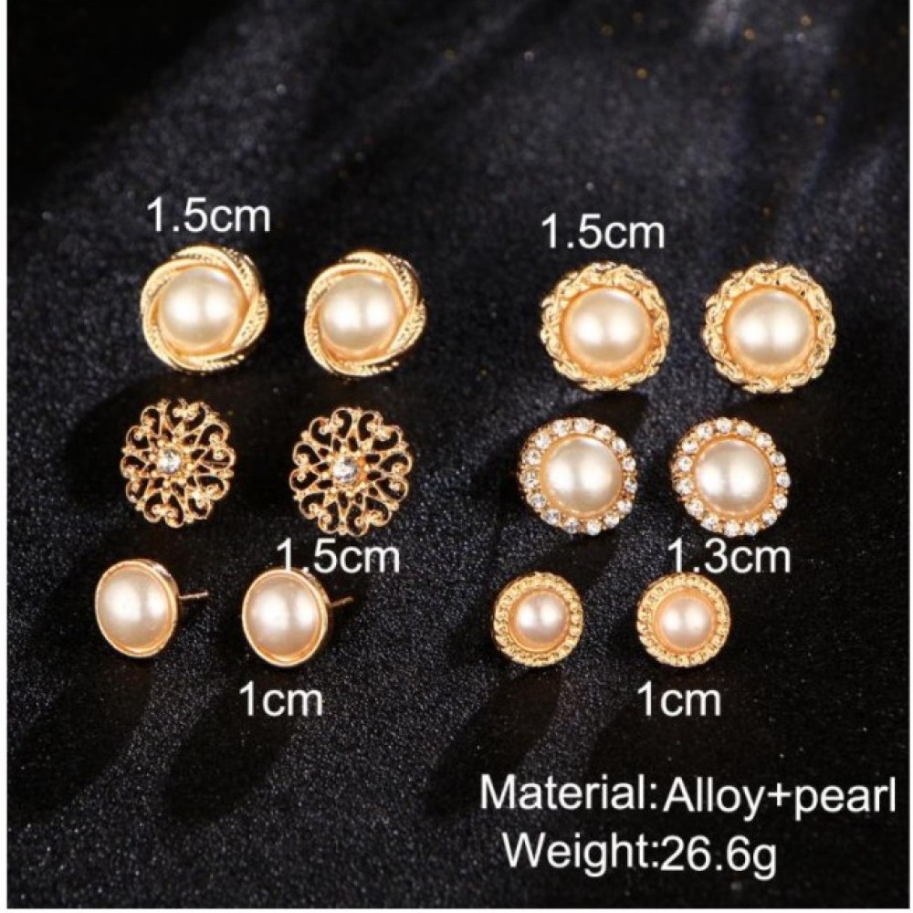 6 Pairs Gold Color Flower Hollow Stud Earring Vintage Crystal