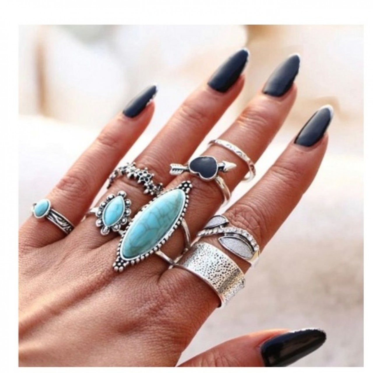 8 Pcs Bohemian Midi Finger Ring Set for Women Retro Big Silver Color