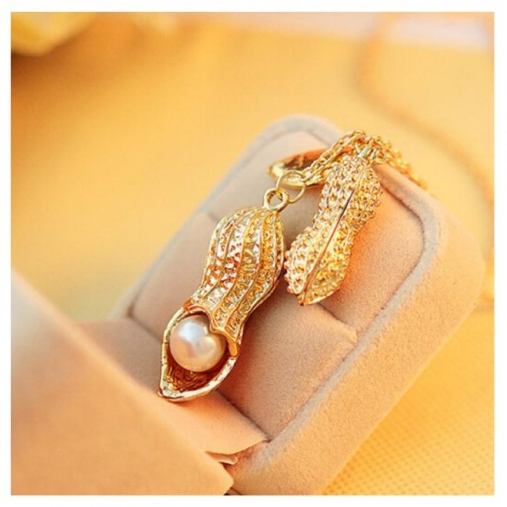 Gold Color Simulated Pearl Long Peanut Necklace