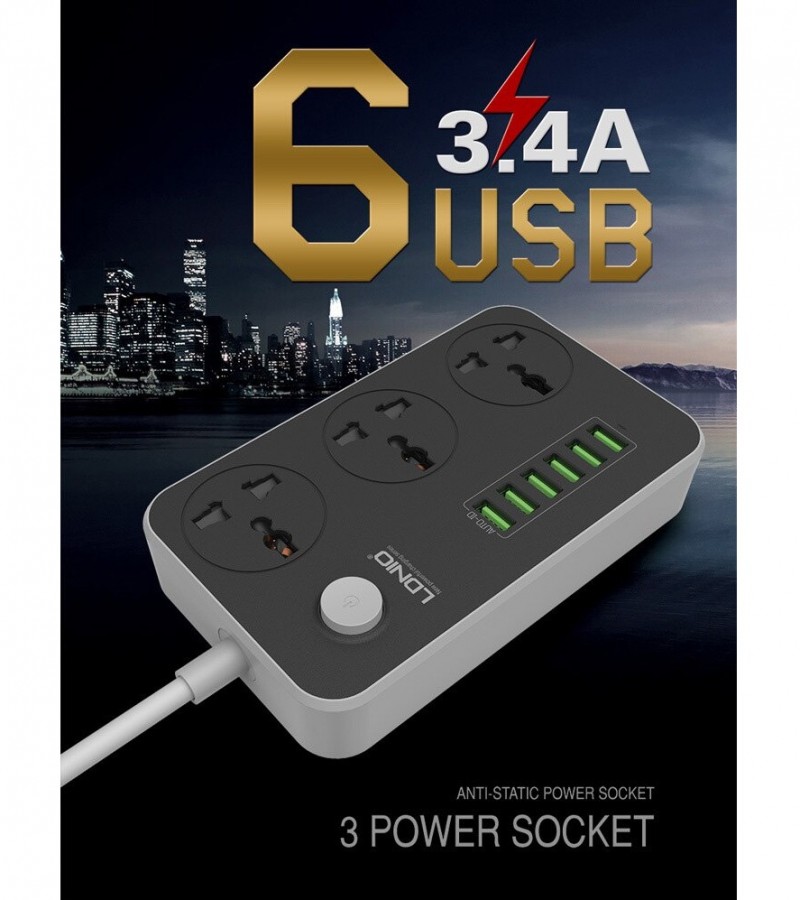 LDNIO SC3604 3.4A 2500W 6 USB Ports Power Strip - Grey