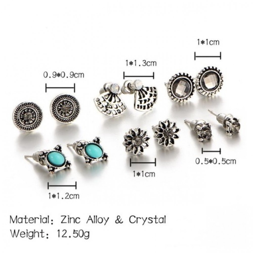 Natural Stone Crystal Stud Earrings Charming Retro Silver - 6 PCS