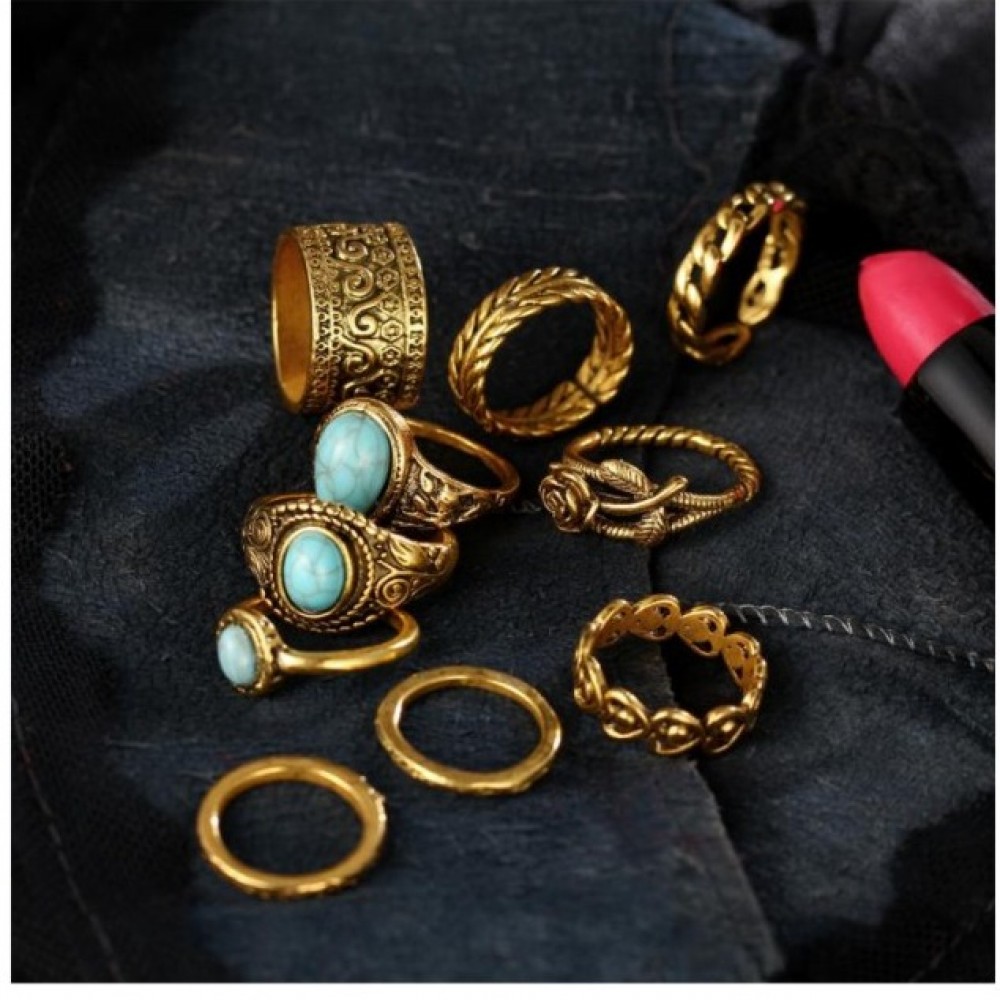 Pack of 10 Rings Rose Heart Midi Ring Sets Vintage Gold