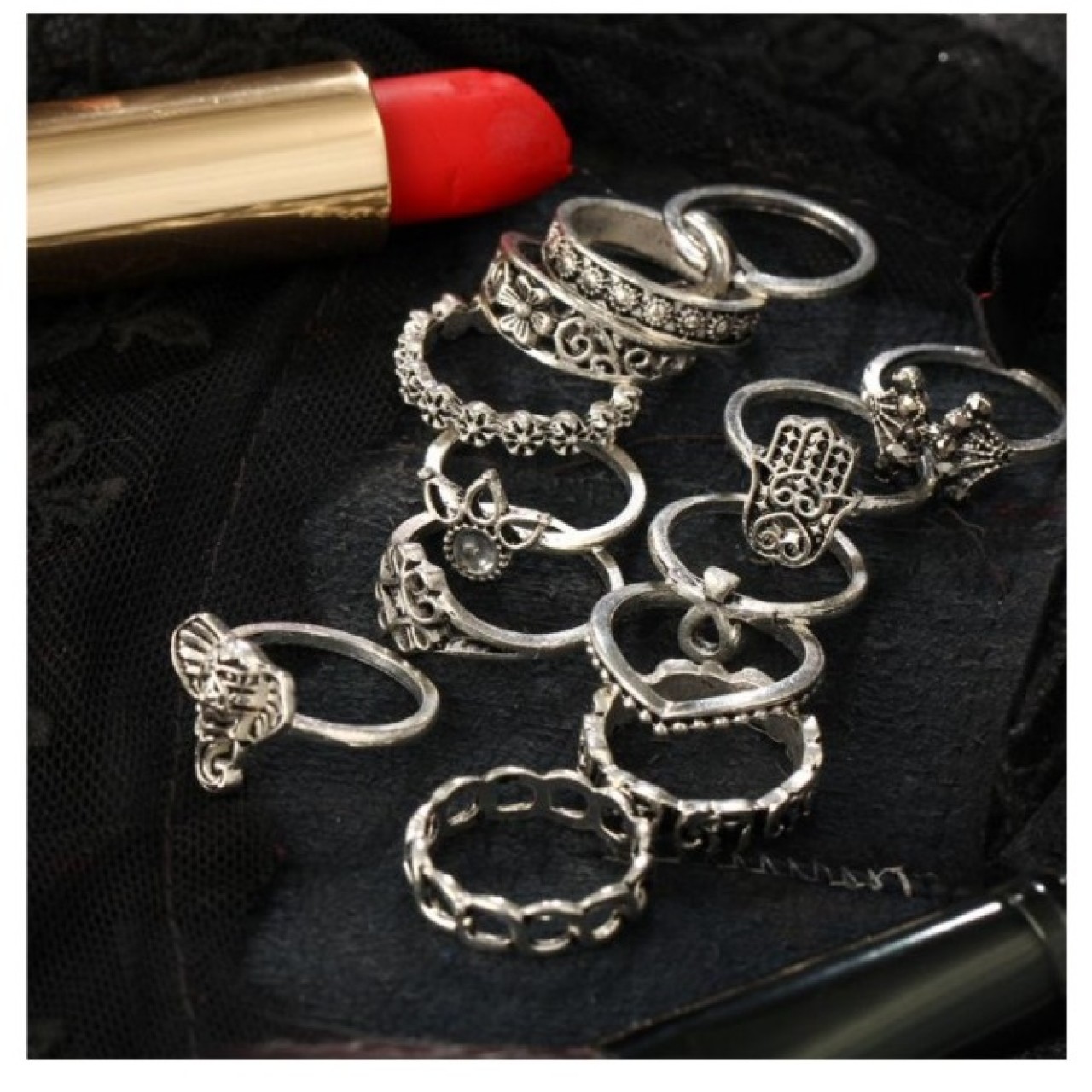 Pack of 13 Rings Vintage Hollow Turkish Hand Ring Sets