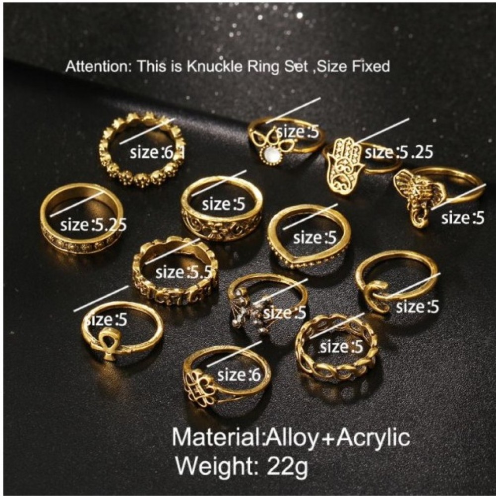 Pack of 13 Rings Vintage Hollow Turkish Hand Ring Sets Gold