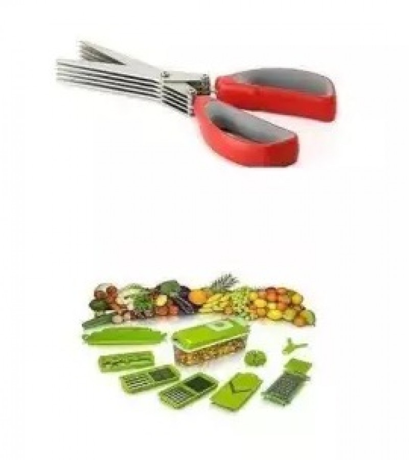 Pack Of 2 - Nicer Dicer & 5 Blades Kitchen Scissor - Green & Red
