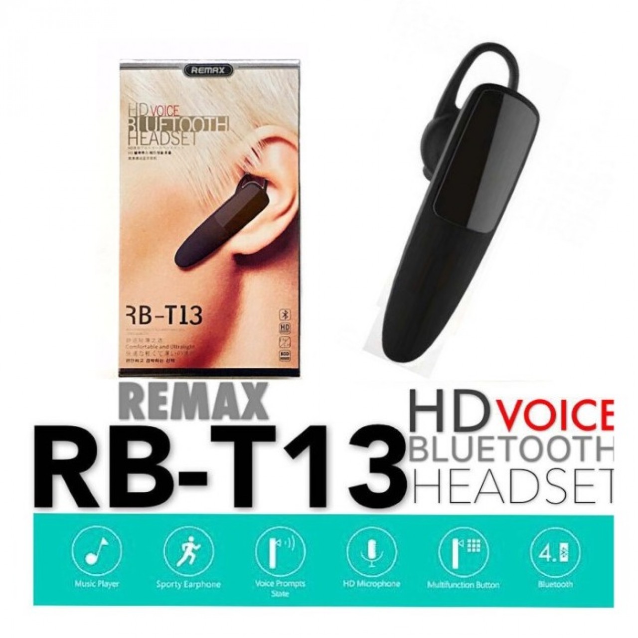 Remax Single Side Bluetooth Headset RB-T13 - Black