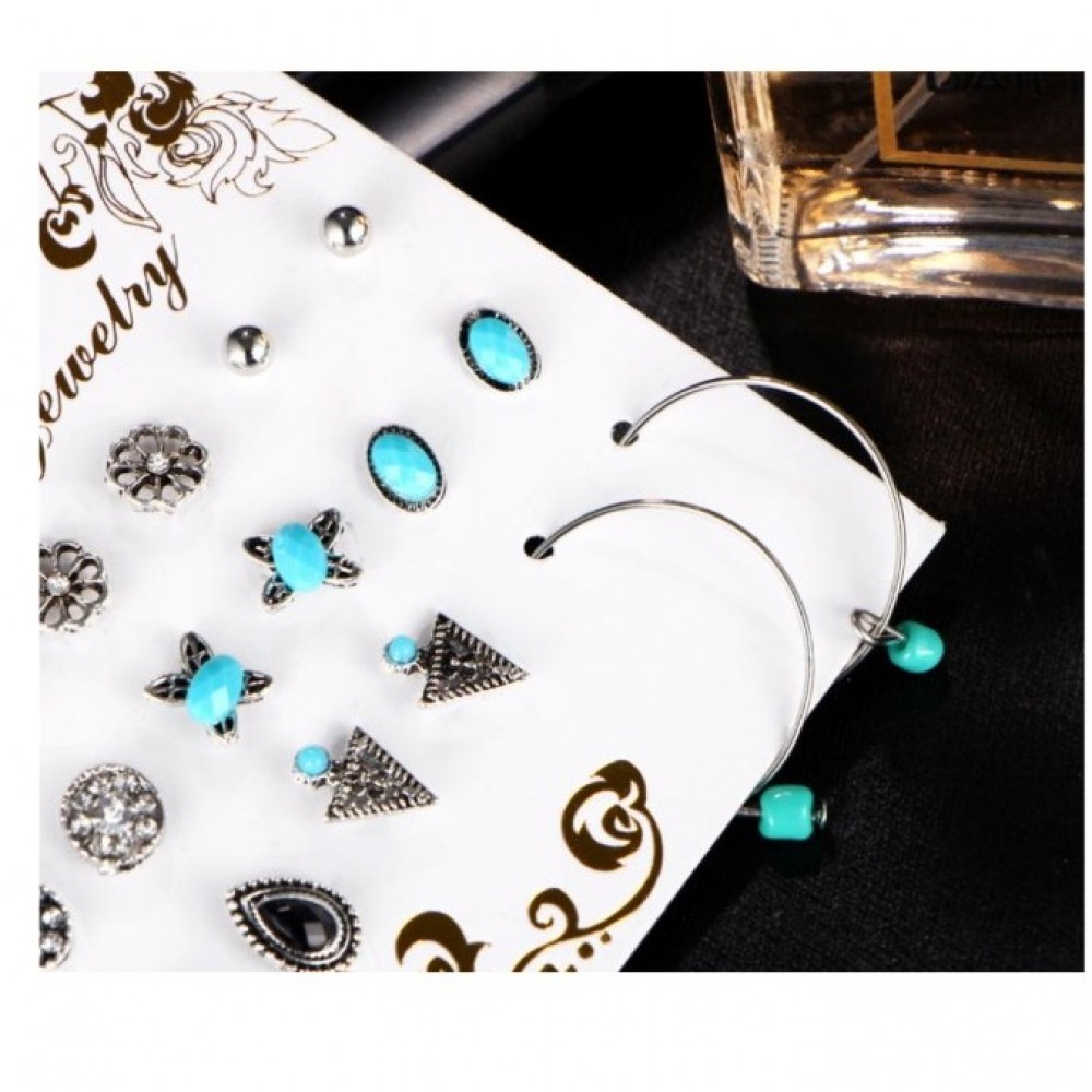 Set 9 Pairs/ Crystal Stud Earrings Vintage Flower Clip Cuff Earring