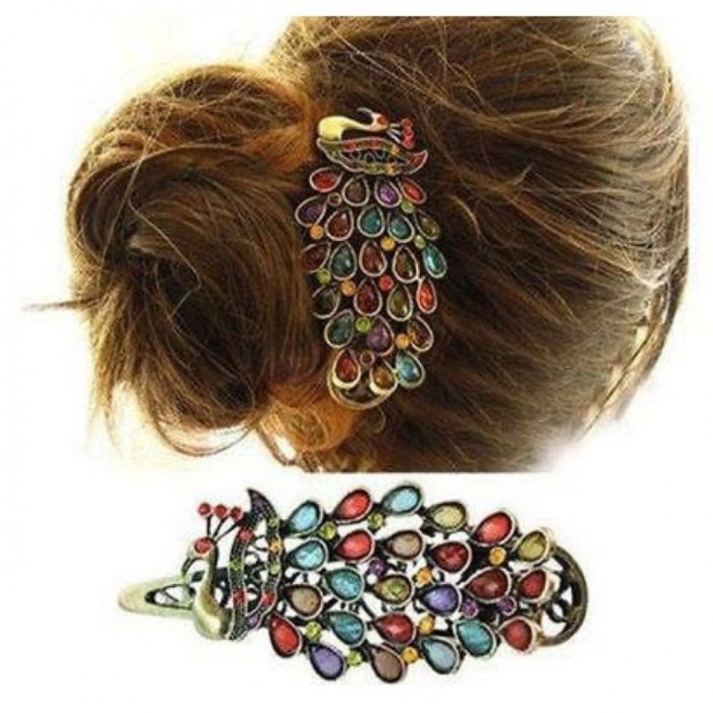 Vintage Colorful Rhinestone Peacock Hairpin Hair Clip