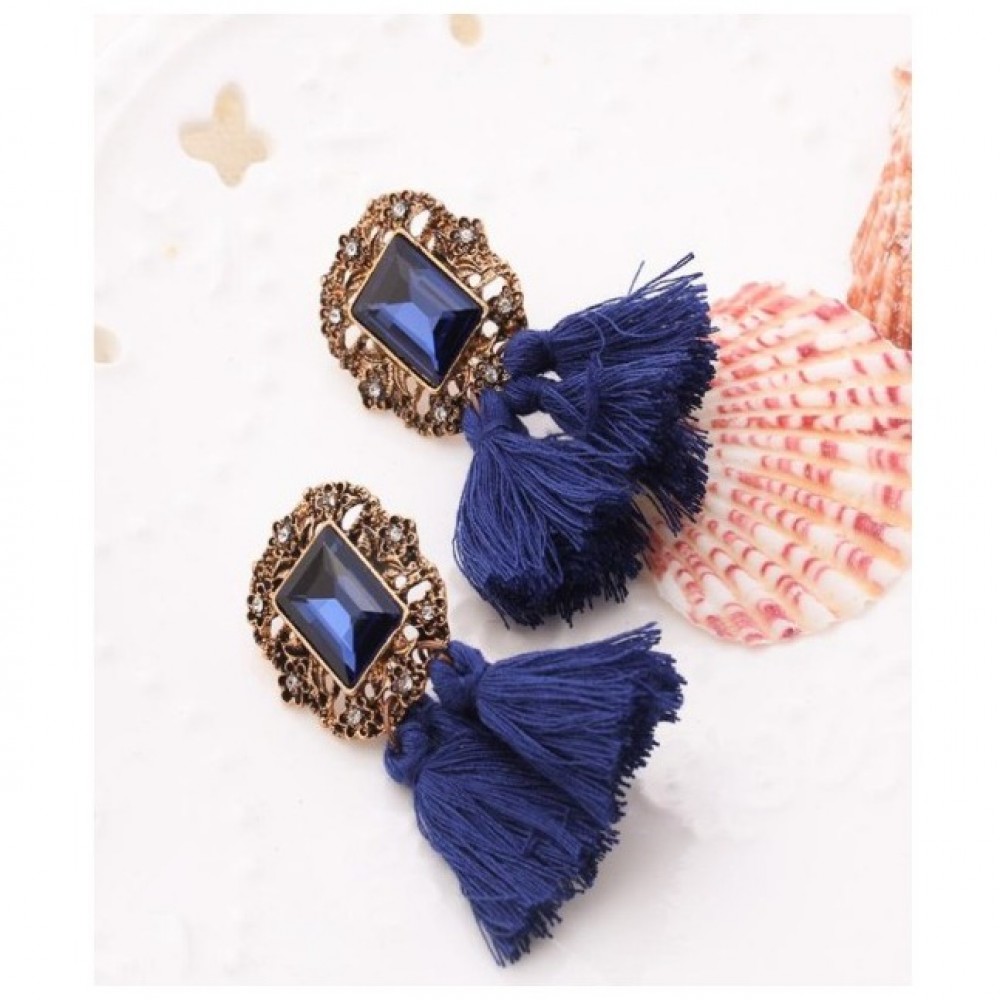 Vintage Crystal Tassel Dangle Earrings - Blue