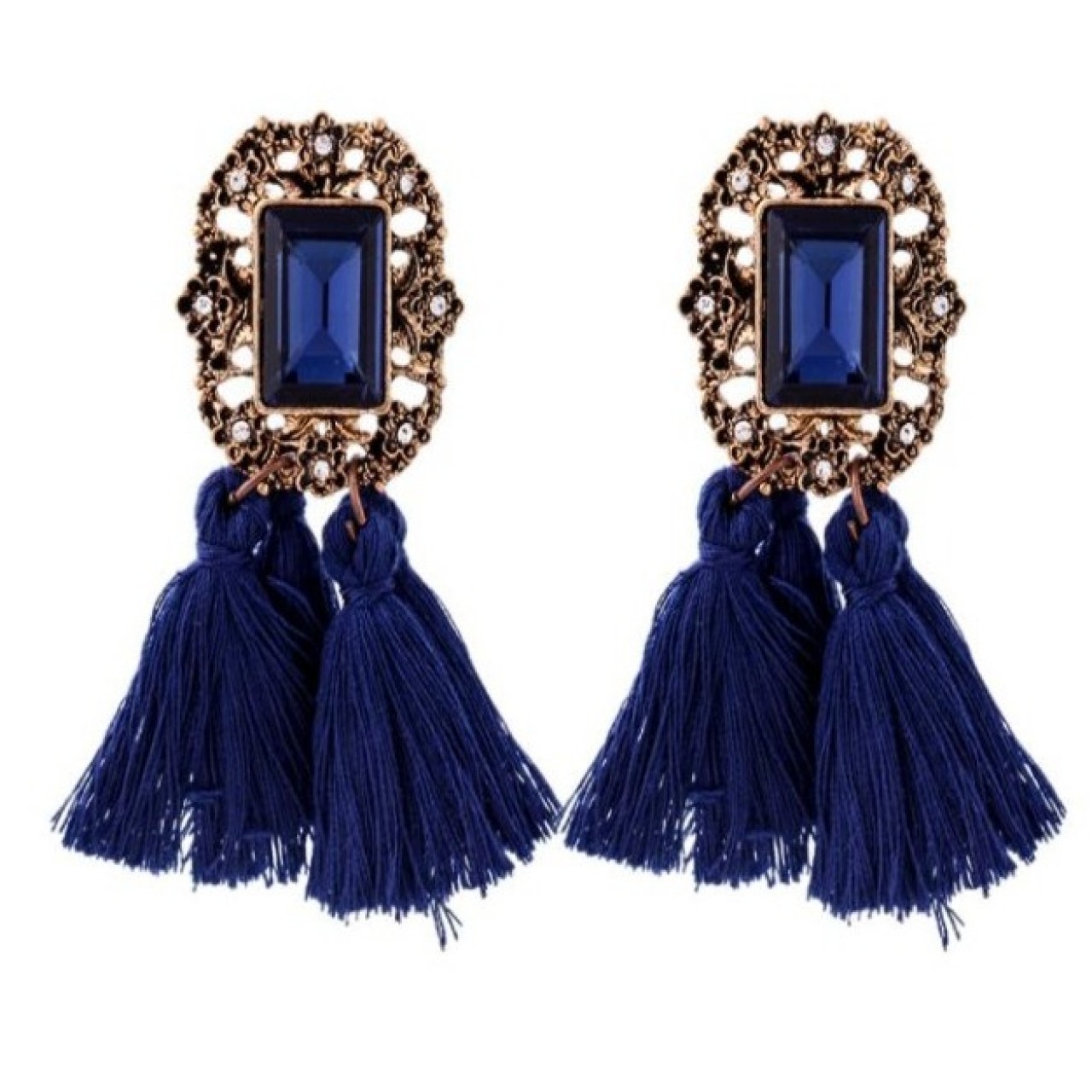 Vintage Crystal Tassel Dangle Earrings - Blue