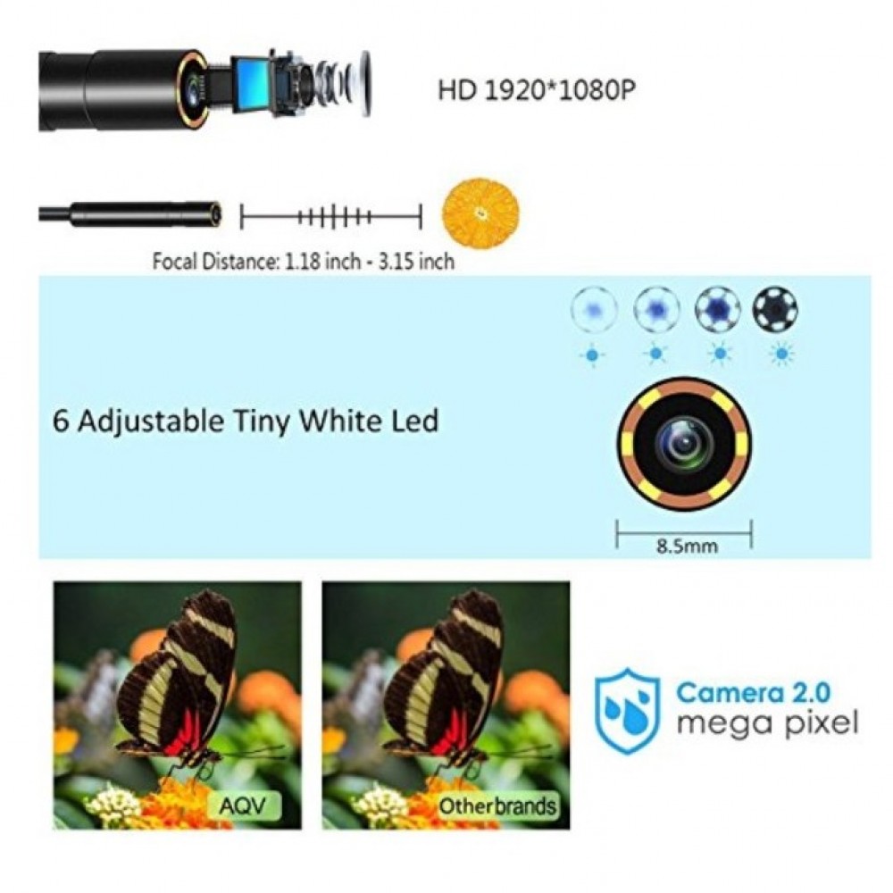 WiFi Endoscope, AQV Wireless Borescope Inspection Camera 2.0 Megapixels HD Waterproof Snake Camera