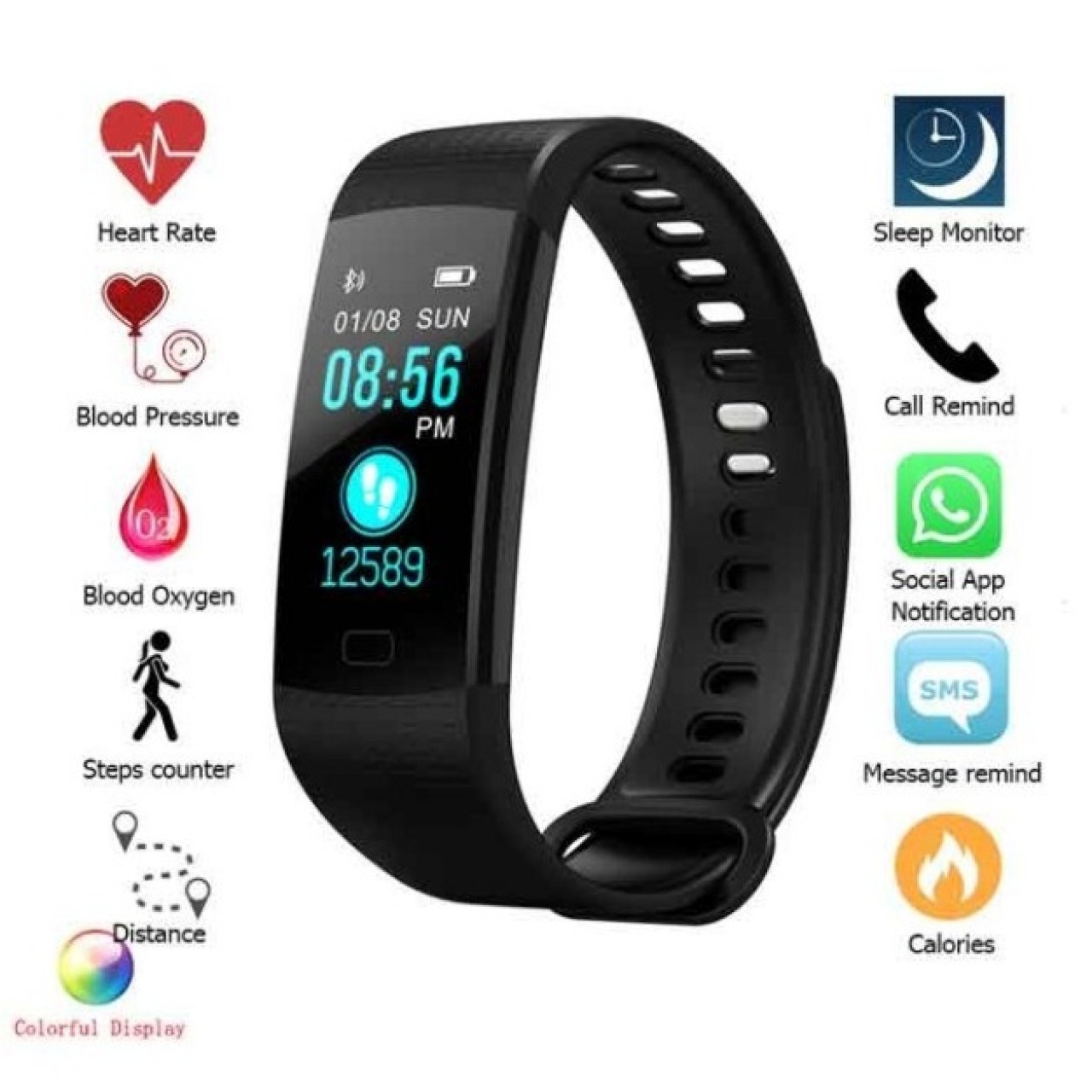 Y5 Smart Band Color Screen With Heart Rate Passometer Foot Steps Fitness Activity IP67 Waterproof
