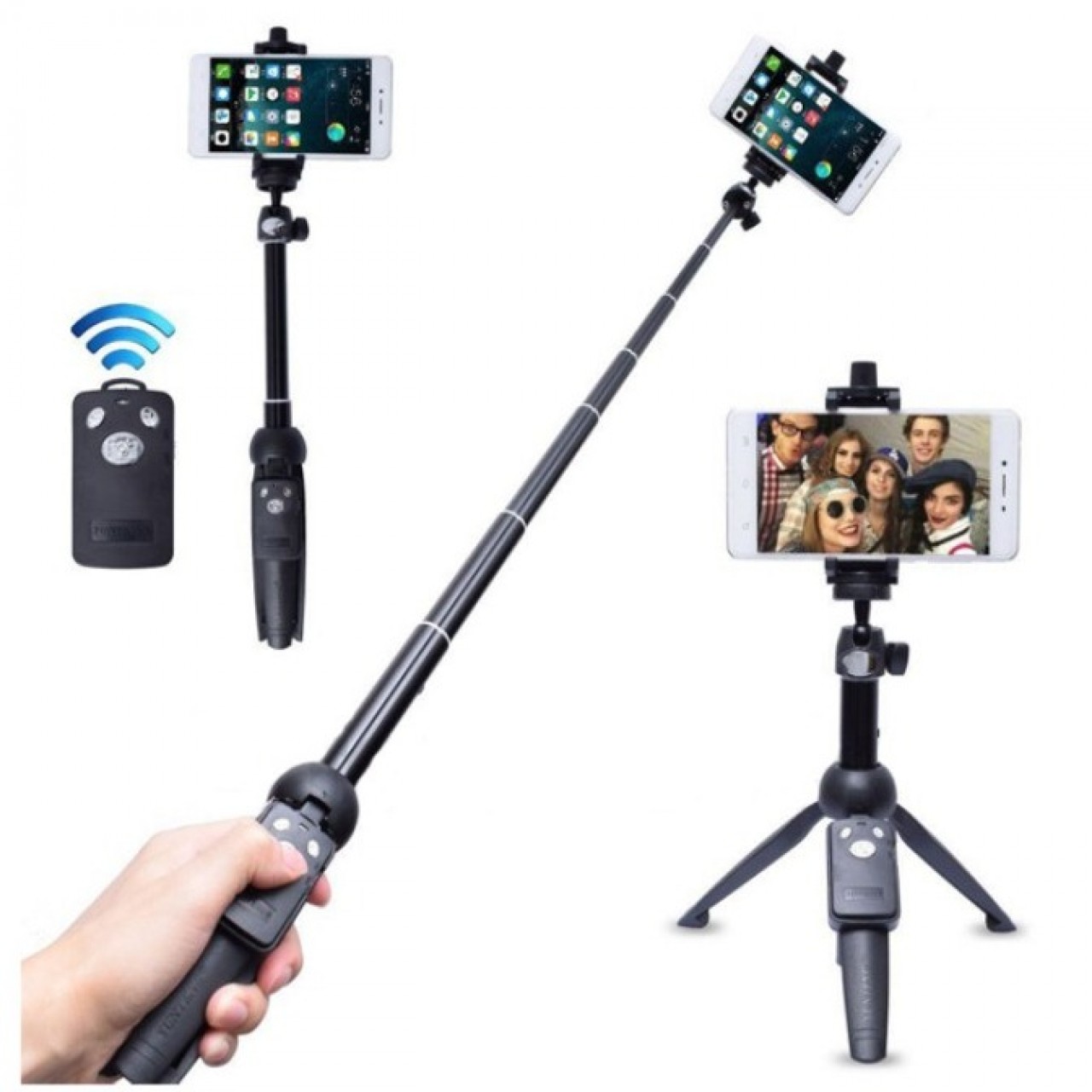 Yunteng YT-9928 2 in 1 Mini Tripod Selfie Stick with Phone Holder Remote Controller - Black