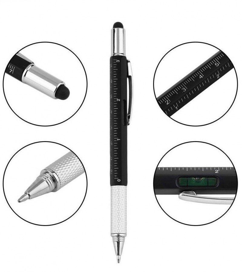 7 in 1 Multifunctional Touch Screen Stylus Ballpoint Pen with Spirit Level Scale Ruler Full Metal