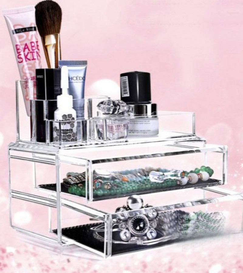 Acrylic Cosmetic Organizer Lipstick Liner Lip Gloss Makeup Brush Tray Plus 2 Drawer - 8013