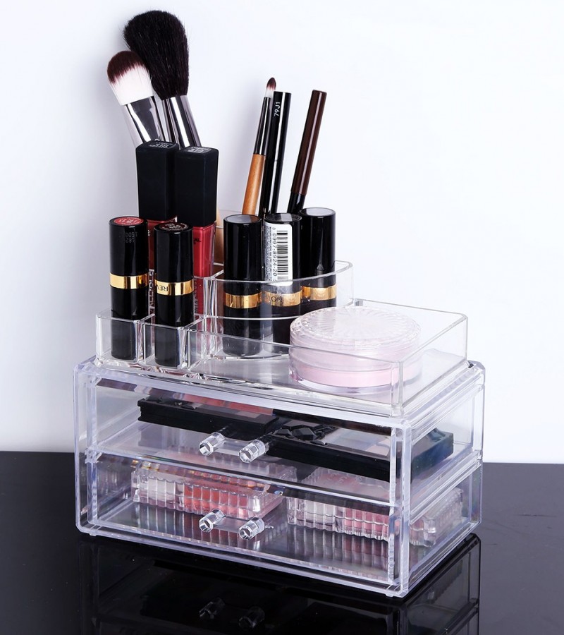 Acrylic Cosmetic Organizer Lipstick Liner Lip Gloss Makeup Brush Tray Plus 2 Drawer - 8013