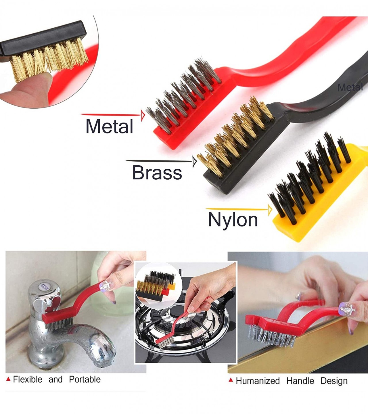 Cleaning Tool Kit 3 Piece Mini Wire Brush With Brass, Nylon, Stainless Steel Bristles