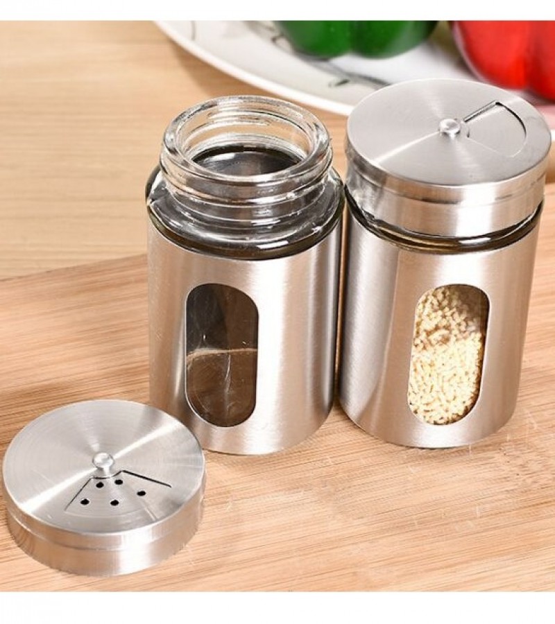Cylinder Stainless Steel Kitchen Storage Glass Spice jar Set 12Pcs
