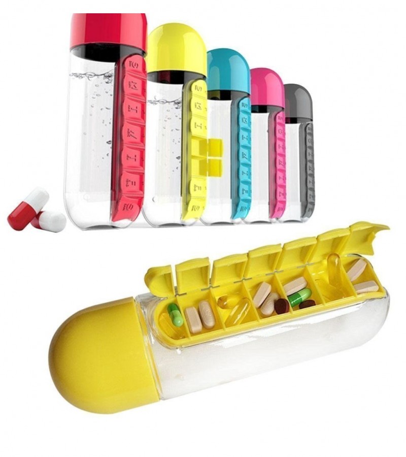 Daily Vitamin Pill Box Organizer with Water Bottle Pill Pro Medicine Weekly Storage Box- Multi