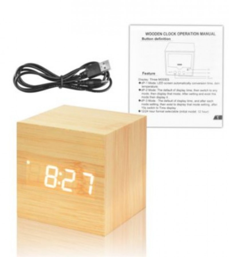 Digital Wooden Alarm Clock USB Cable Wood LED Light Alarm Clock Displays Time Date for Kids Bedrooms