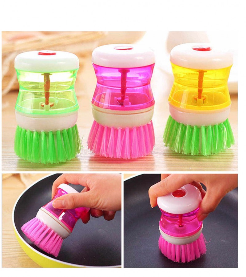 Kitchen Wash Tool Pot Dish Plastic Brush With Washing Up Liquid Soap Dispenser - Multicolour