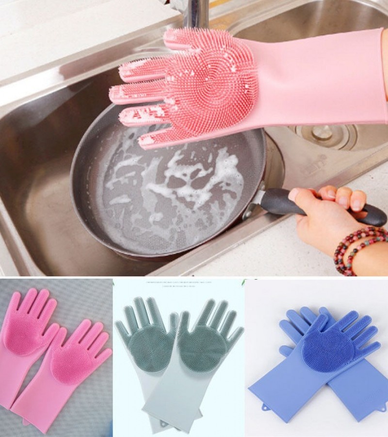 Magic Reusable Silicone Gloves with Wash Scrubber, Heat Resistant, for Cleaning, Dish Washing Gloves