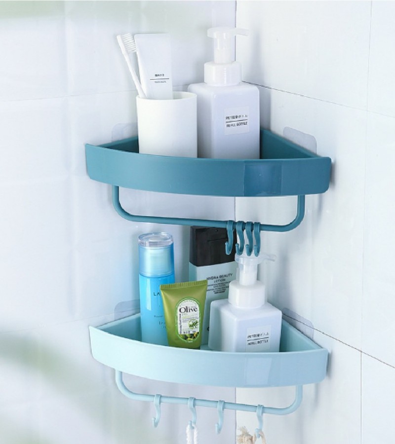 Multi-Functioanl Triangle Bath and Kitchen Corner Storage Shelf with Hooks - Blue