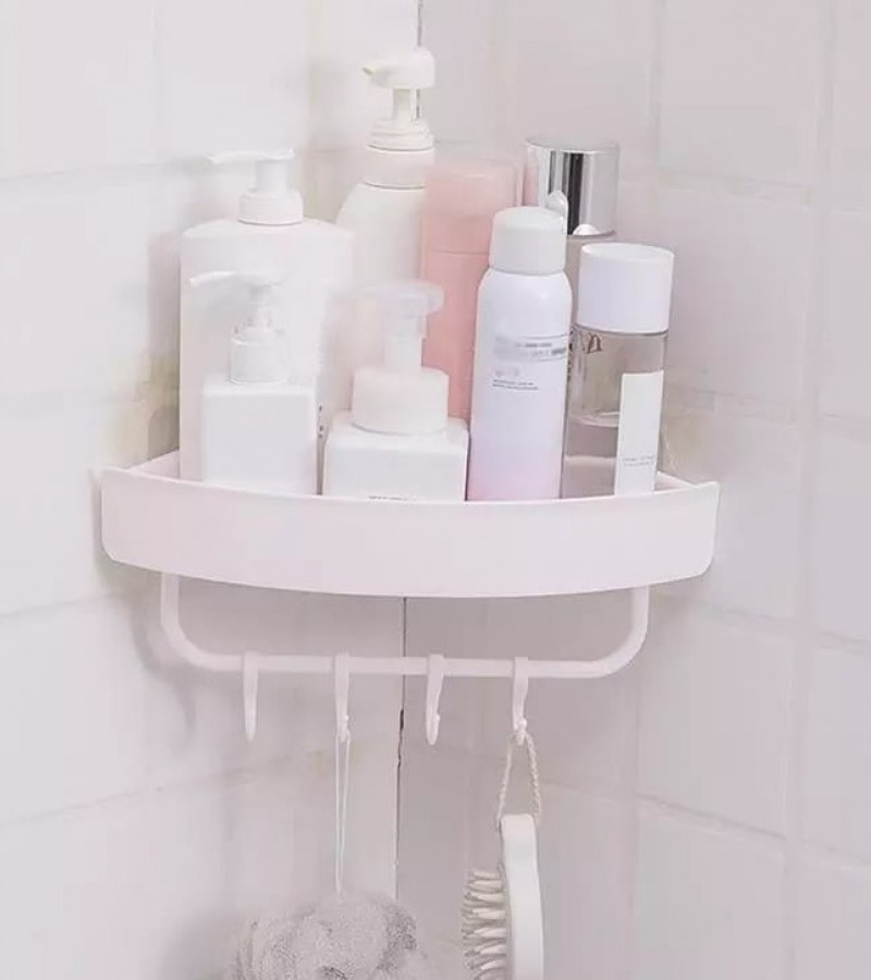 Multi-Functioanl Triangle Bath and Kitchen Corner Storage Shelf with Hooks - White