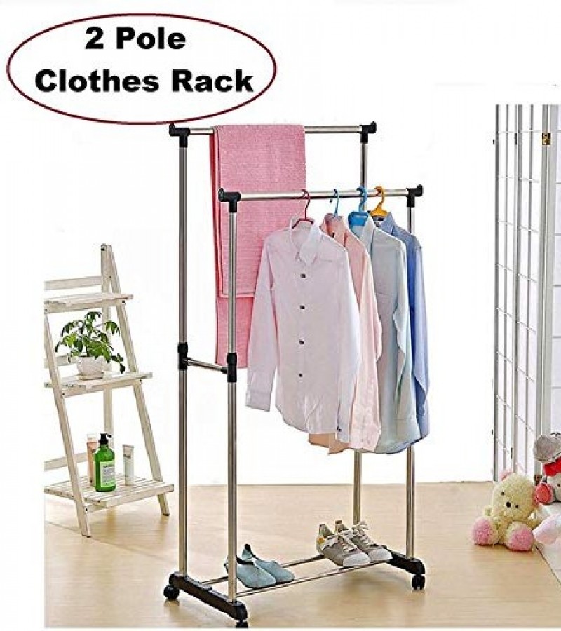 Stainless Steel Double Pole Cloth hanging Rack with Shoe Stand Laundry Rack With Tire