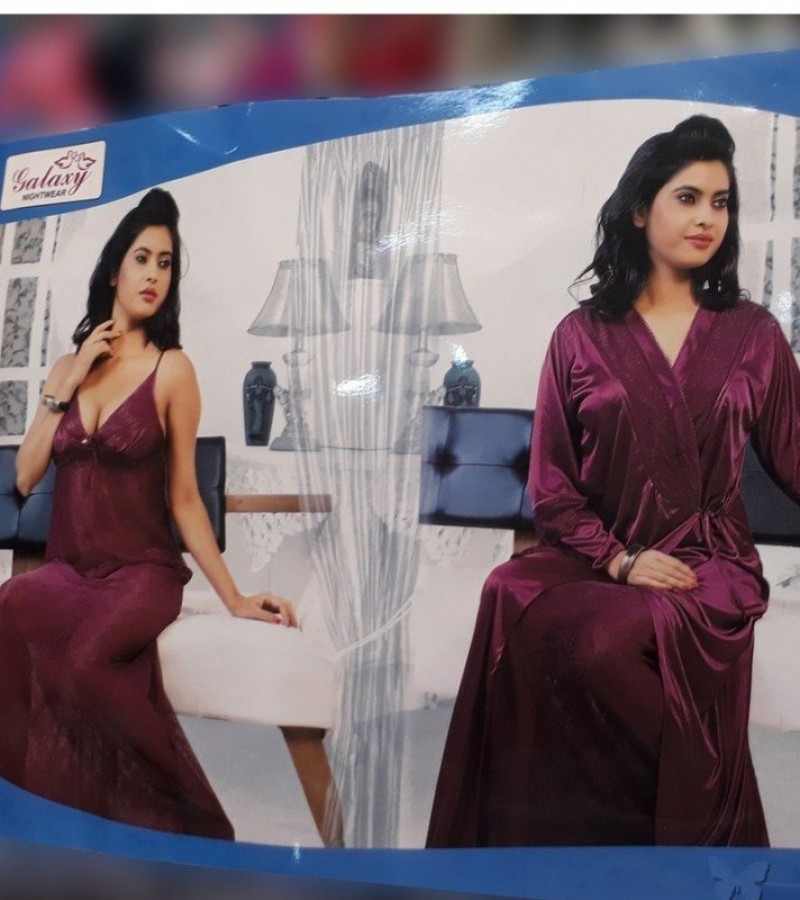 Galaxy Nightwear Silk Nightie and Gown For Women - 2Pcs -Purple