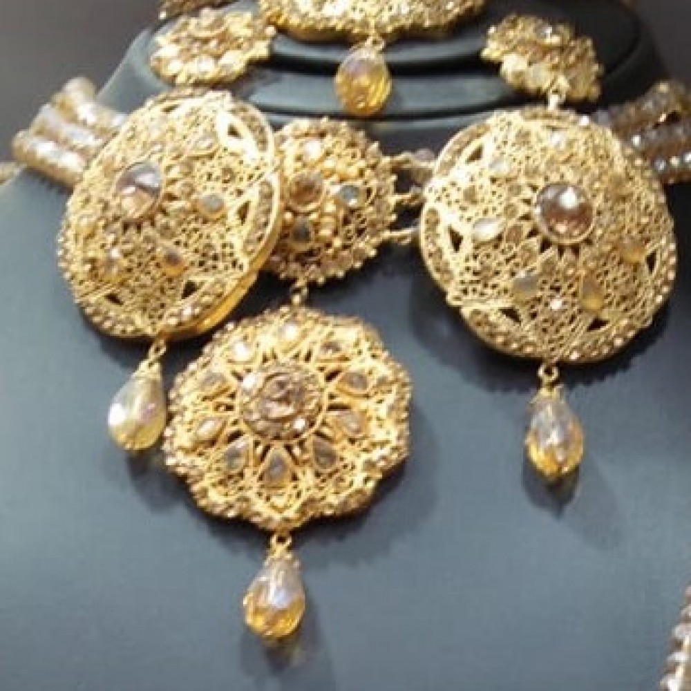 Golden Mala, Earrings, Matha Pati & Choker Necklace Jewelry Set For Women - Casting Material