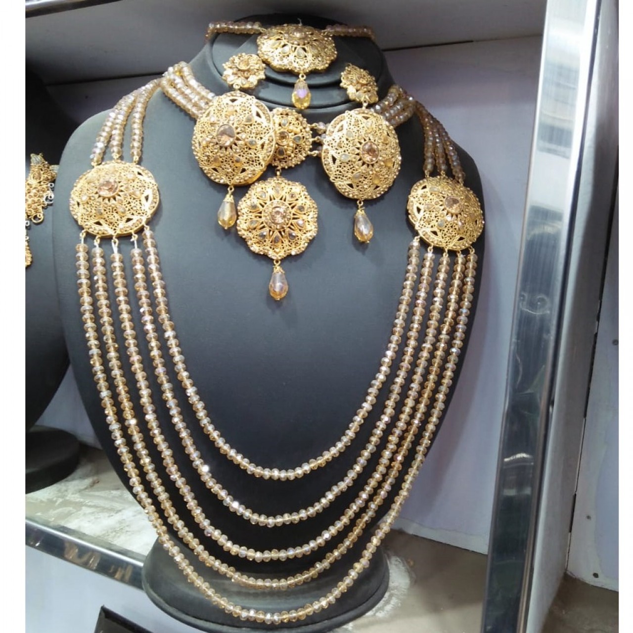 Golden Mala, Earrings, Matha Pati & Choker Necklace Jewelry Set For Women - Casting Material