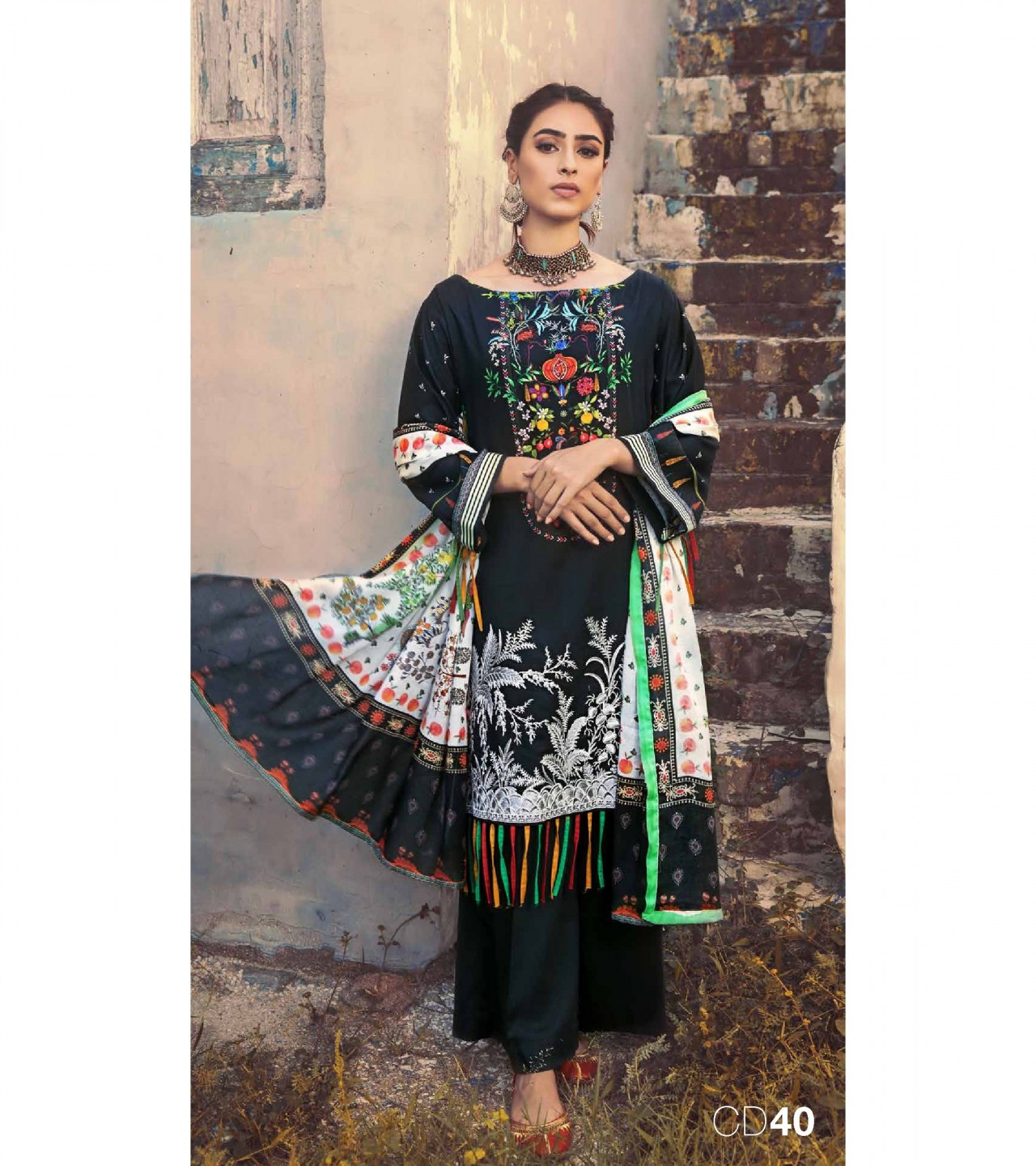Gul Ahmed 3 PC Unstitched Embroidered Suit with Cotton Net Dupatta CD-40