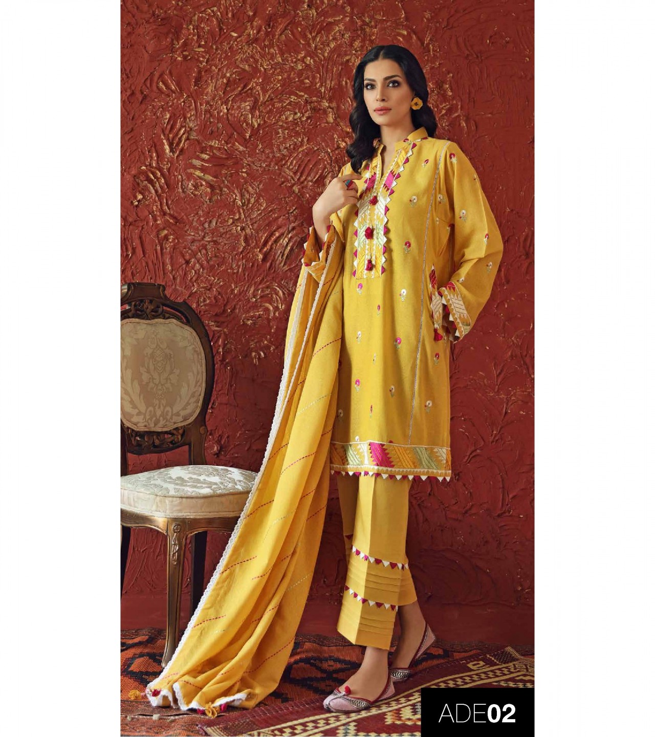 Gul Ahmed 3 PC Unstitched Embroidered Suit with Karandi Dupatta ADE-02