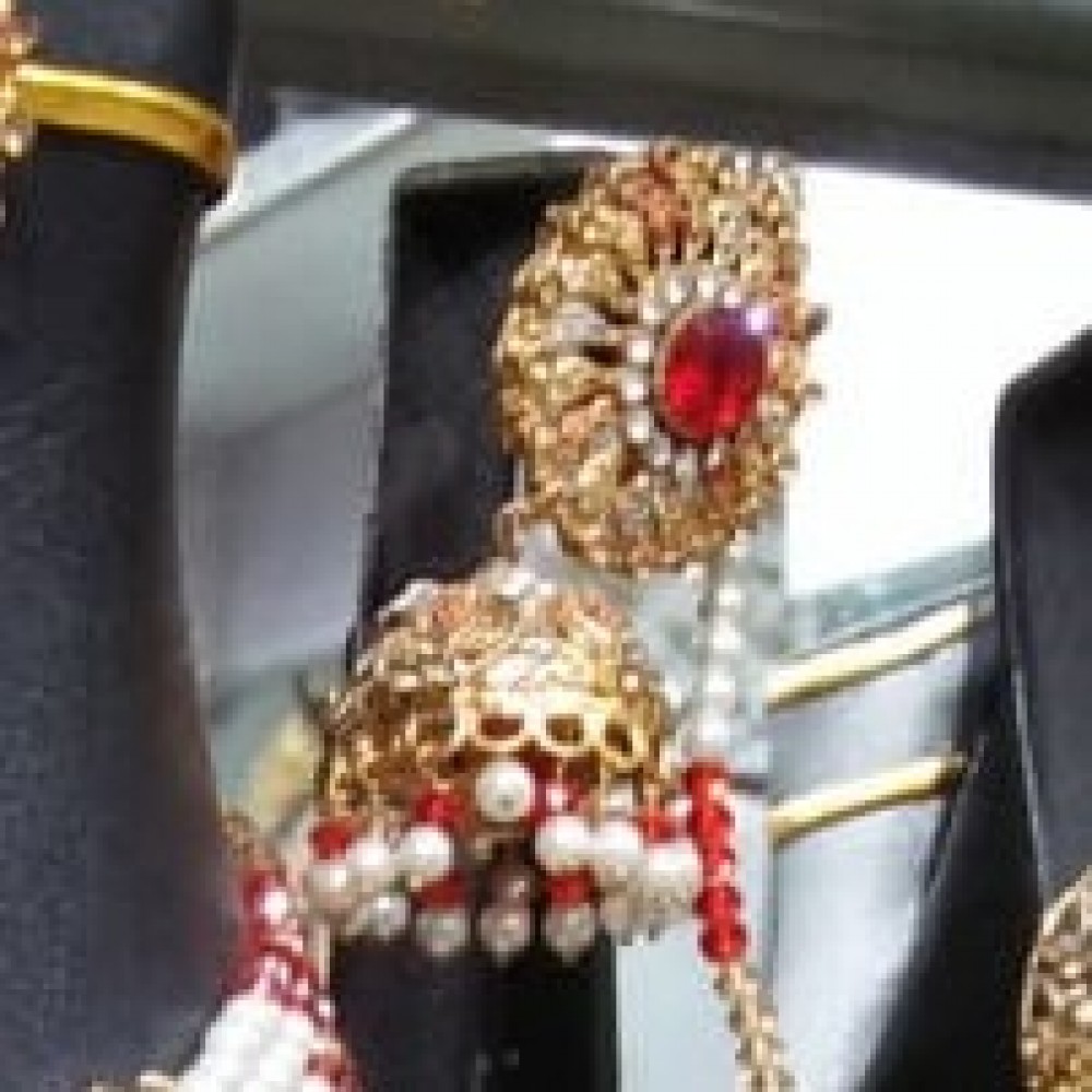 Red & Golden Mala, Choker Necklace, Jhumki & Matha Pati Jewelry Set For Women - Casting Material