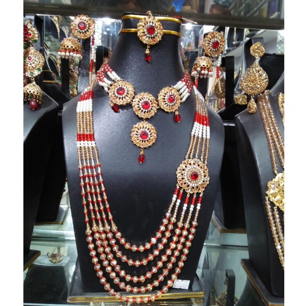 Red & Golden Mala, Choker Necklace, Jhumki & Matha Pati Jewelry Set For Women - Casting Material