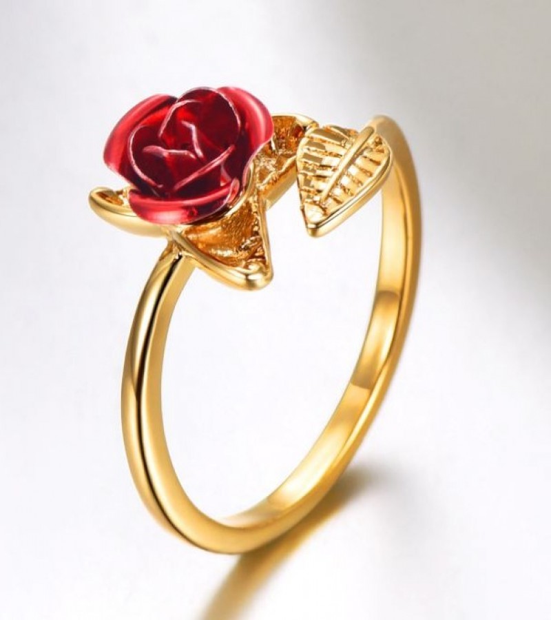 Red Rose Flower Leaves Resizable Ring