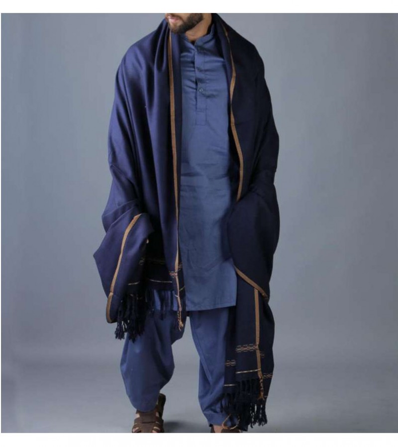 Navy Blue Pure Acro-Woolen Dhussa Shawl For Man