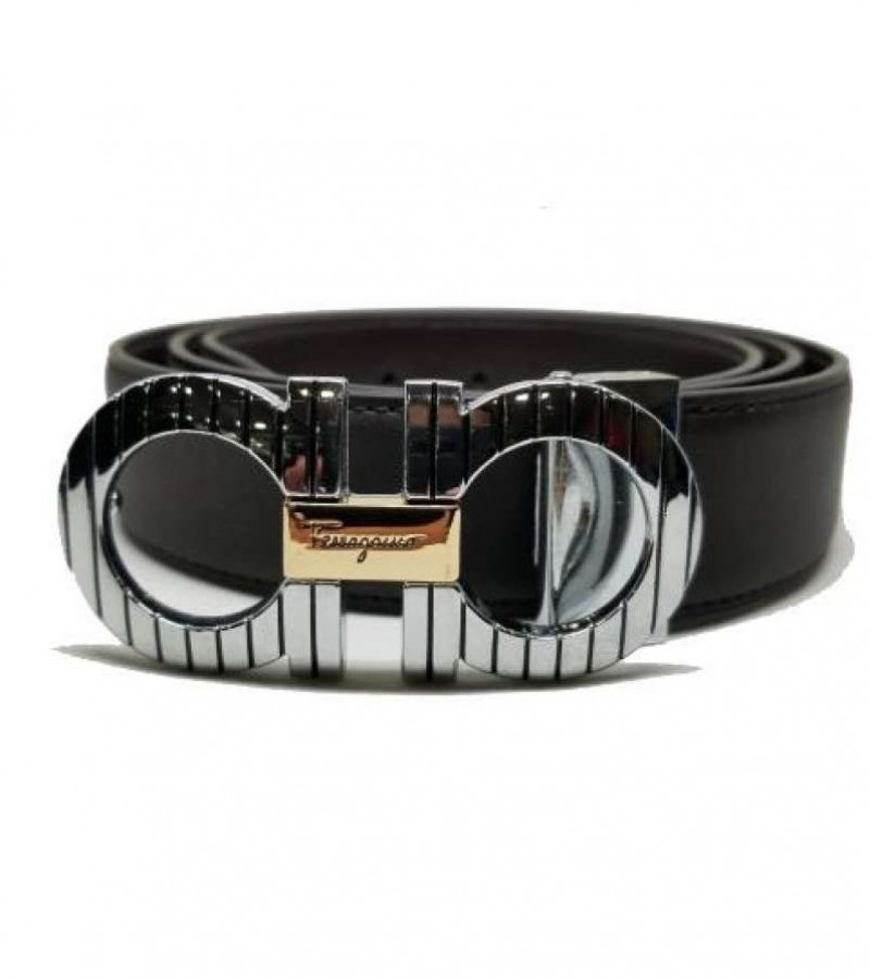 New high quality black leather belt with shiny buckle